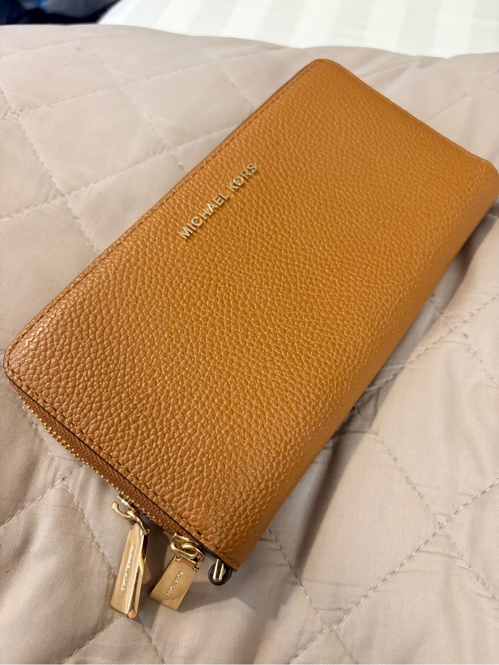 Michael Kors Double Zip Continental Wallet Luggage Tan Pebbled Leather